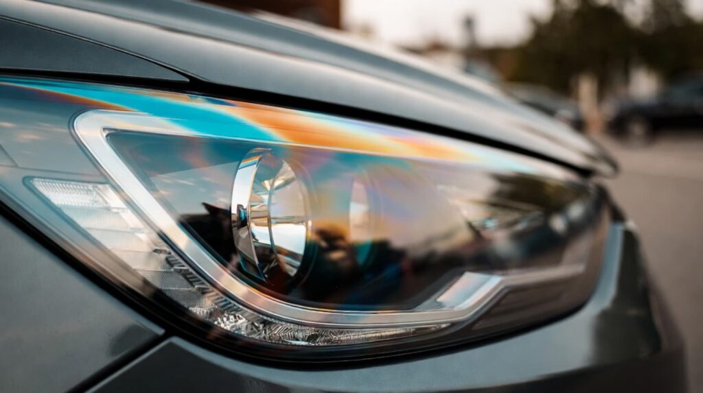 Close-up of a sleek car headlight with a reflective surface.