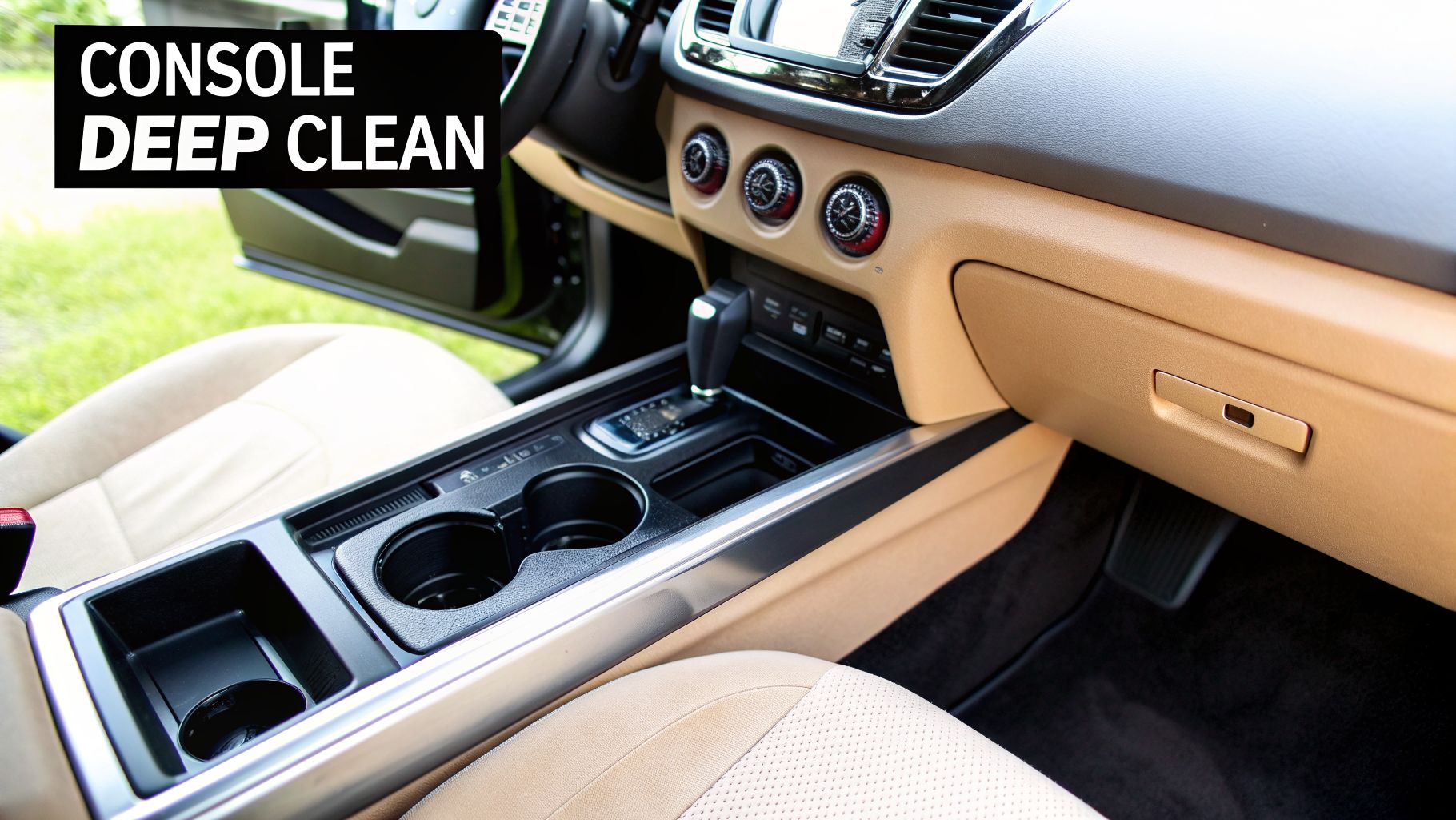 A clean and well-maintained car interior featuring a beige dashboard, center console, and front seats.
