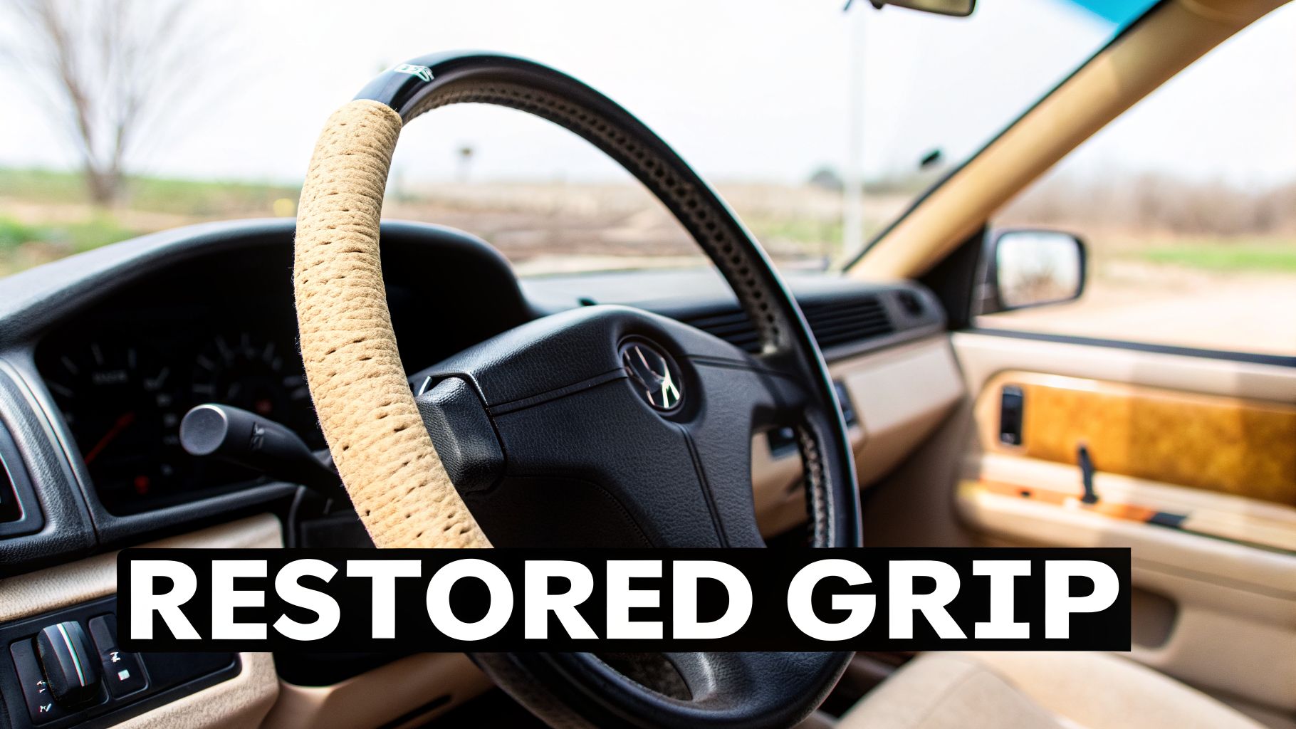 Interior view of a car showing a steering wheel with a beige, textured grip cover, highlighting car detailing.