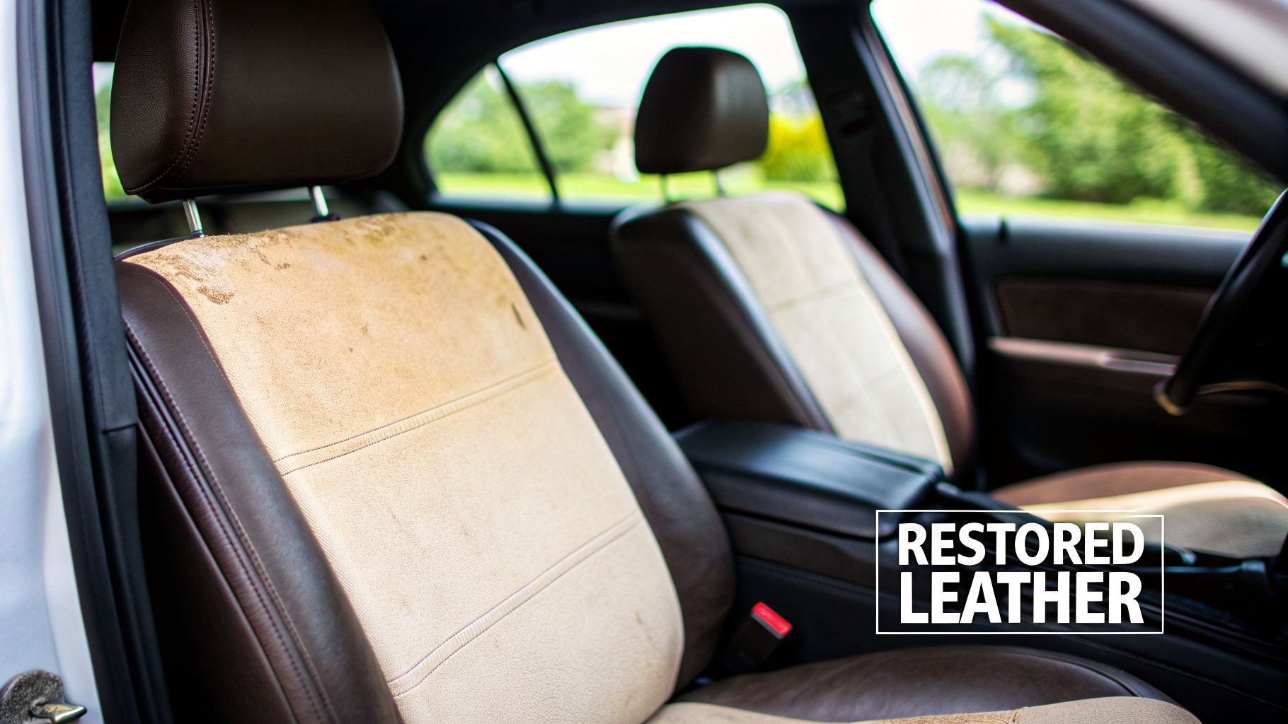 A car's interior with a worn front passenger seat featuring damaged beige and brown leather.
