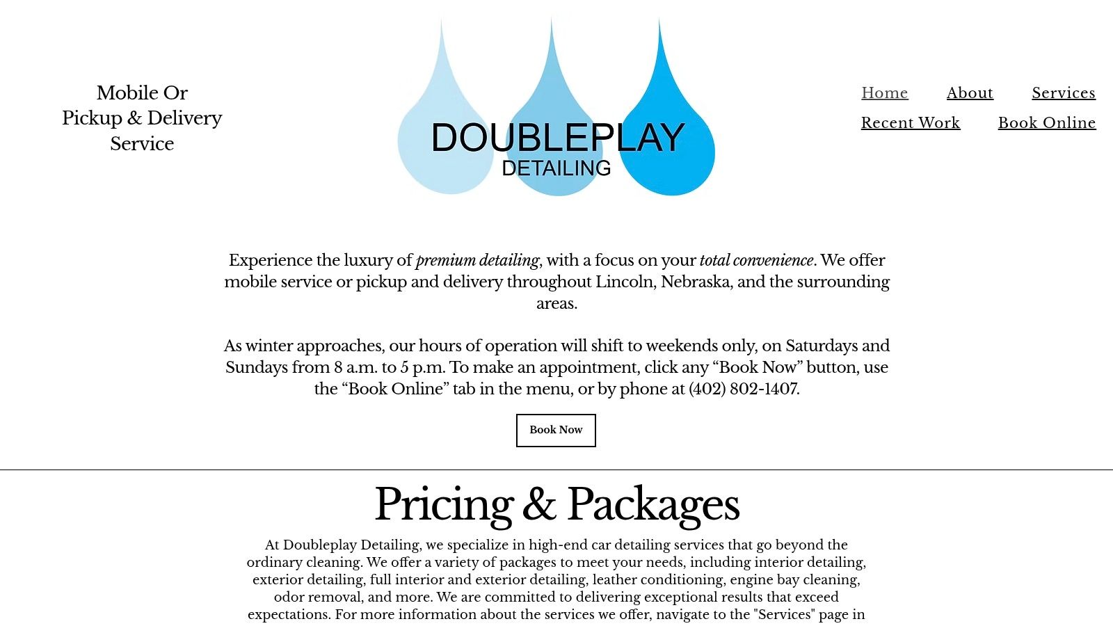 The homepage of the Doubleplay Detailing website, showing service packages and a clean design.