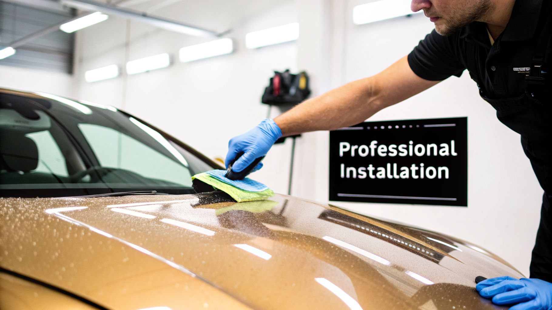 Professional detailer in blue gloves applies paint protection to the hood of a new gold car.