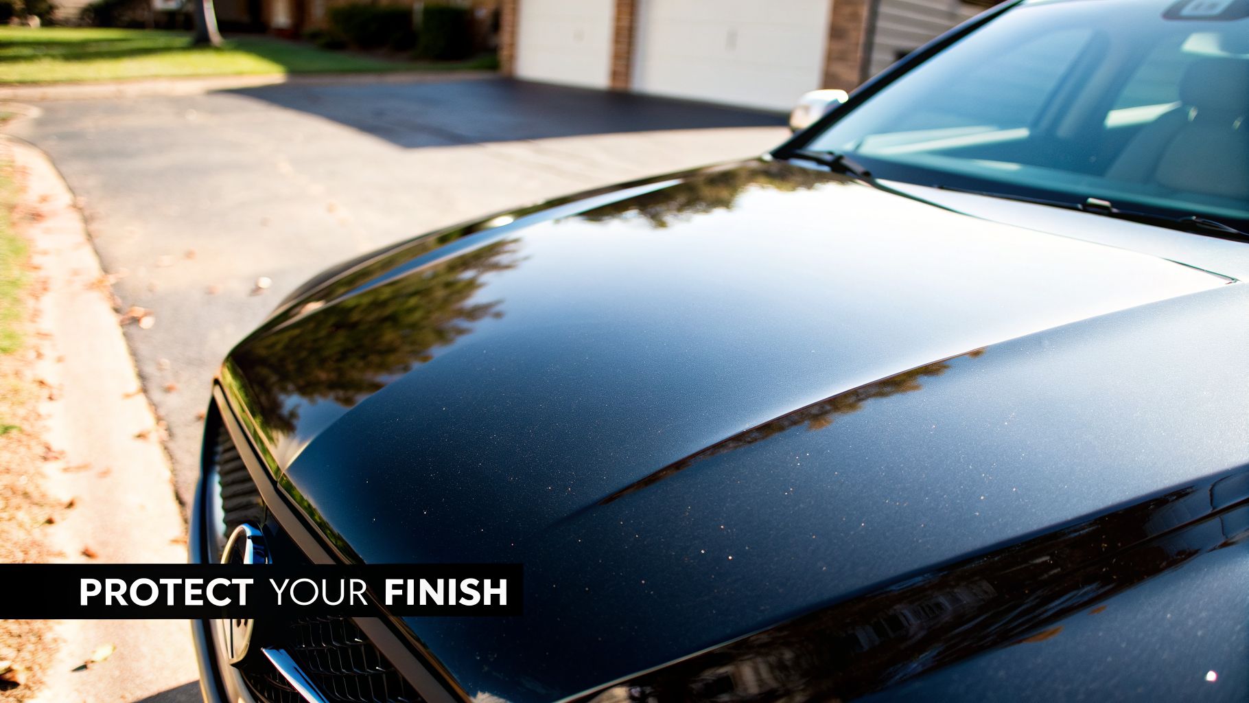Close-up of a dusty black car hood, reflecting trees, with a 'Protect Your Finish' overlay.