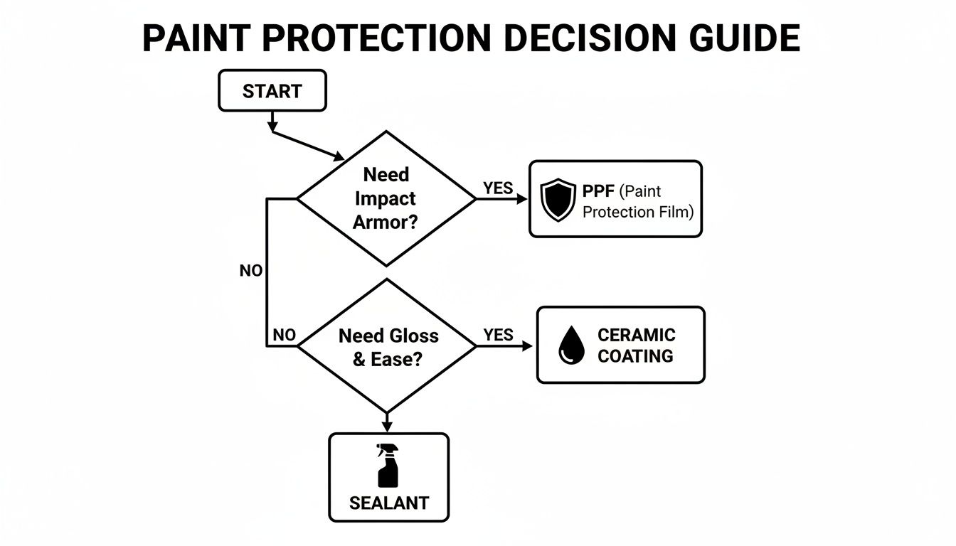 A flowchart guiding paint protection decisions for vehicles, evaluating needs for impact armor, gloss, and ease of maintenance.