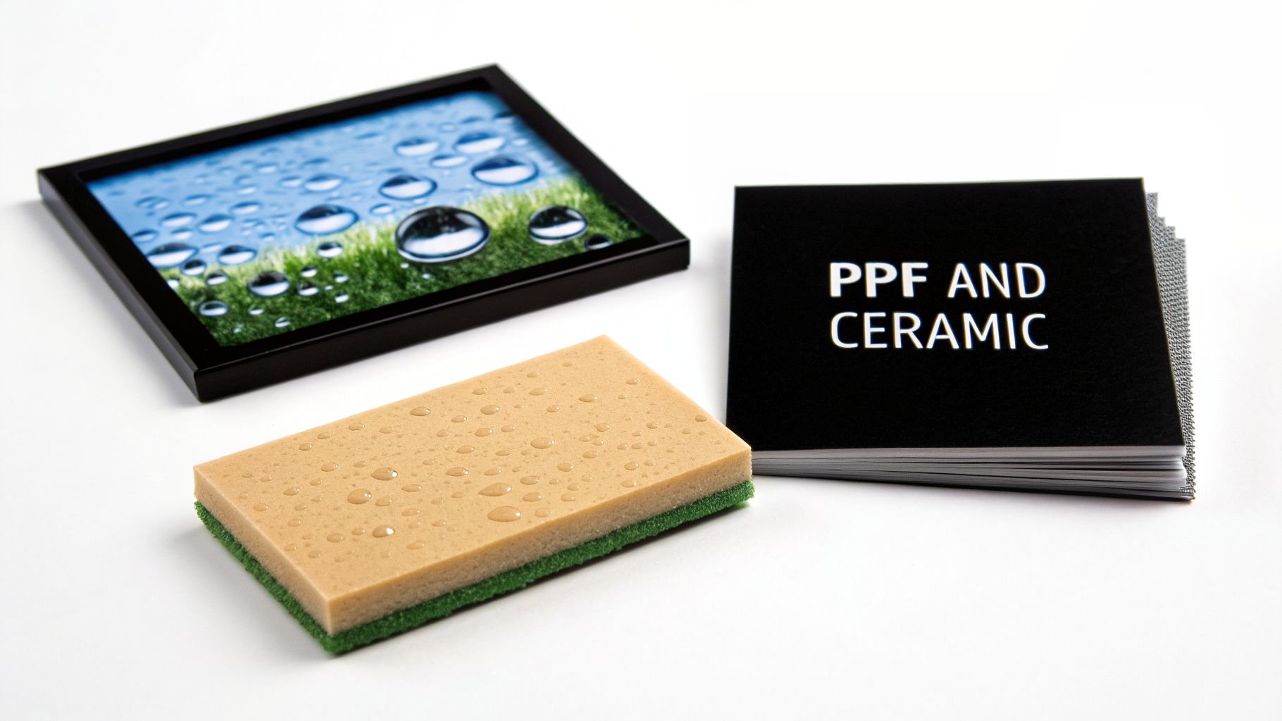 A framed picture of water droplets on grass, a sponge with water, and a 'PPF AND CERAMIC' booklet.