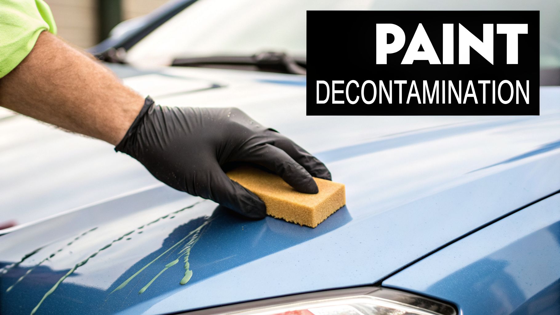 A person in black gloves applies a cleaning product with a sponge to a blue car hood.