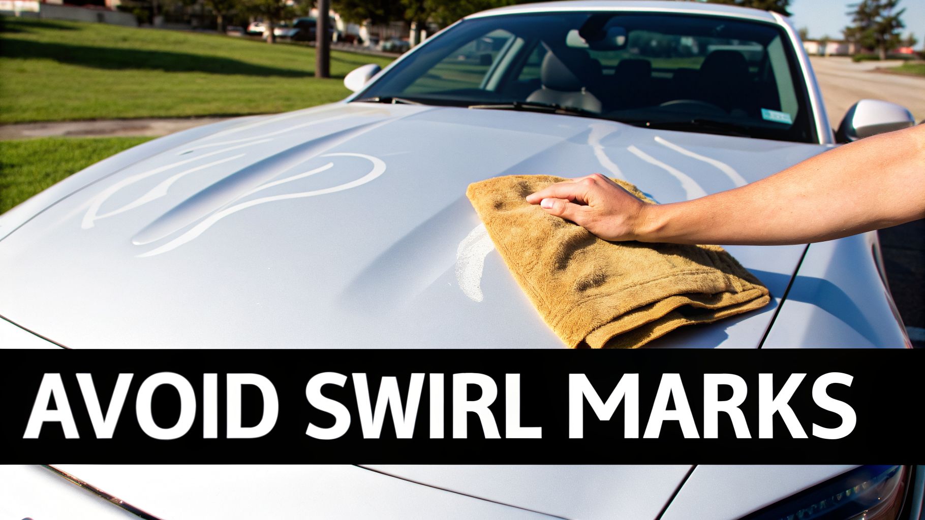 A person's hand using a tan microfiber towel to wipe a white car's hood, avoiding swirl marks.