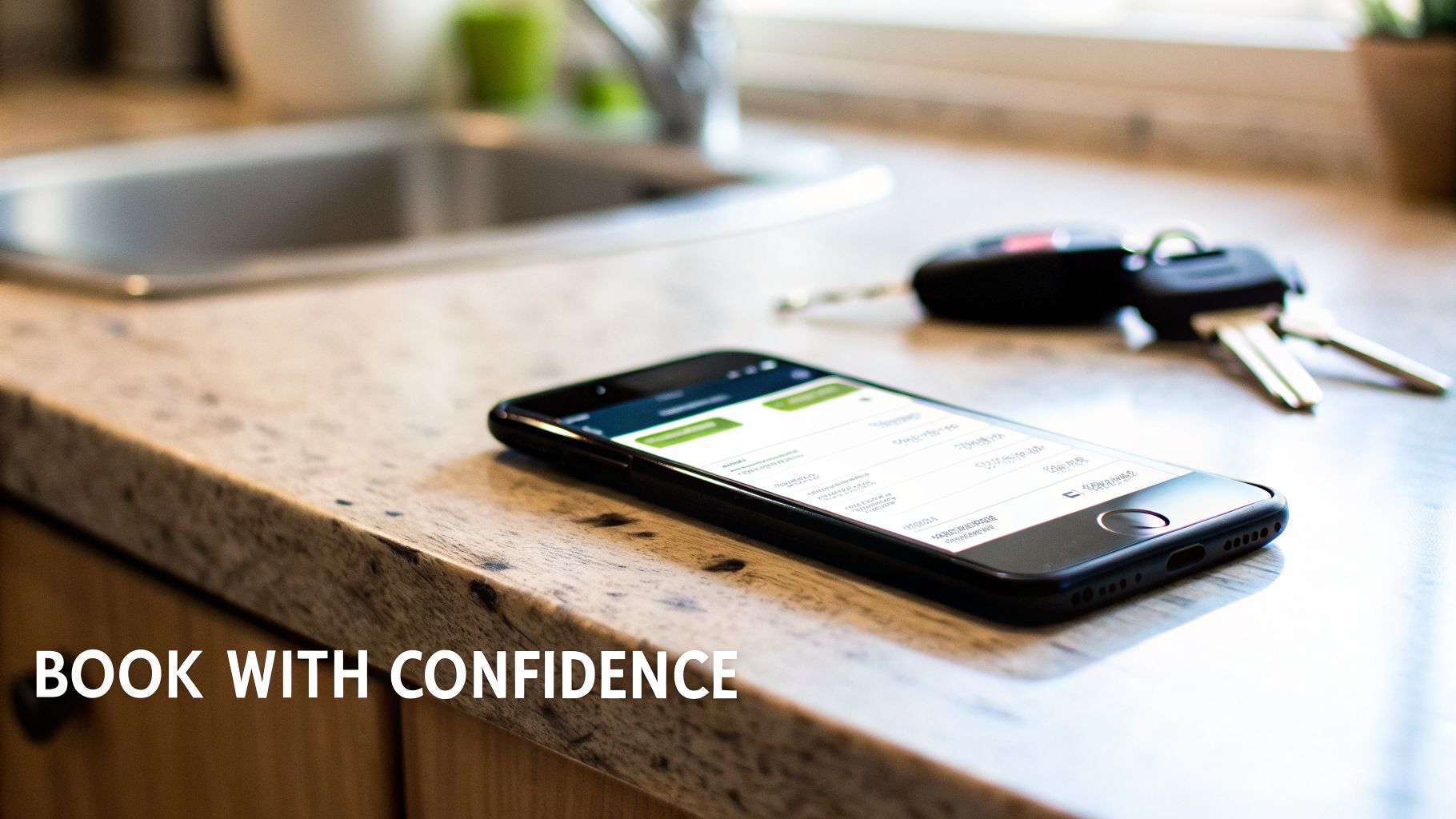 Smartphone displaying a booking app on a kitchen counter next to car keys, promoting confidence.