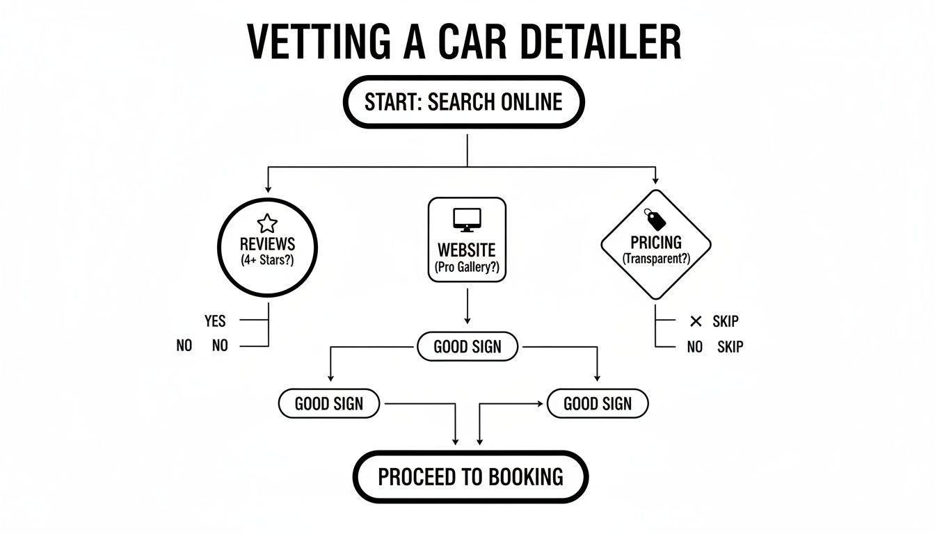 Flowchart detailing steps to vet a car detailer, including online search, reviews, website, and pricing transparency.