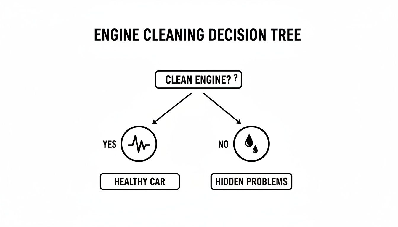 A decision tree illustrating engine cleaning options: a clean engine means a healthy car, an unclean engine suggests hidden problems.