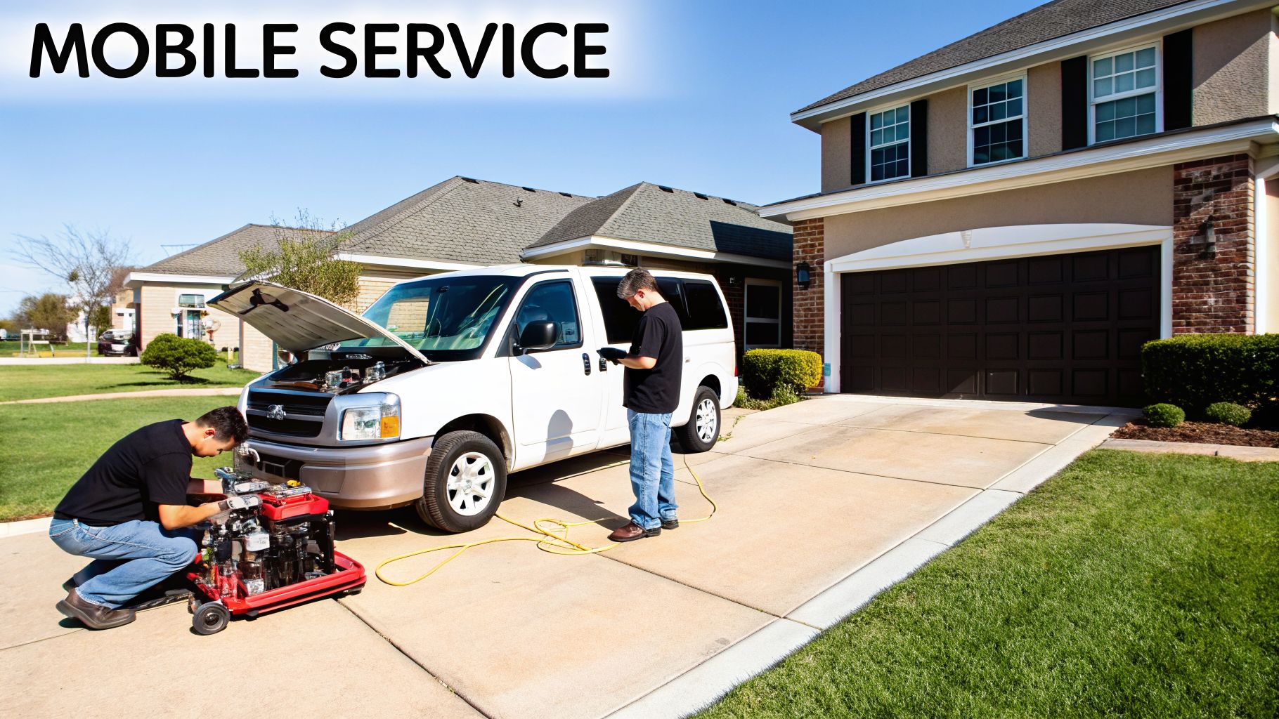 Two mechanics provide mobile car engine cleaning services in a residential driveway, working on a white van.