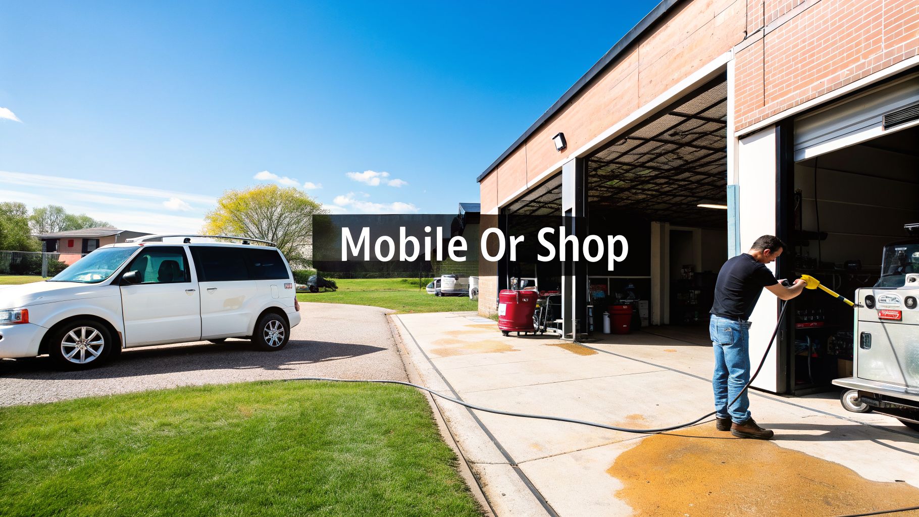 A man cleaning a vehicle inside a garage bay with a white van parked outside on a sunny day.