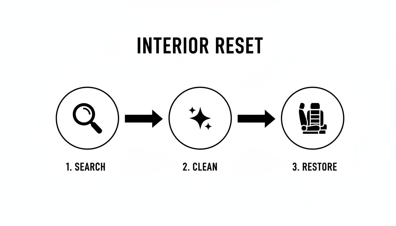 A diagram outlining a three-step process for car interior reset: search, clean, and restore.