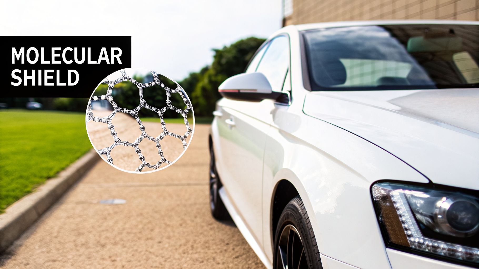 White car with 'Molecular Shield' text and a magnified molecular structure, symbolizing advanced car protection.