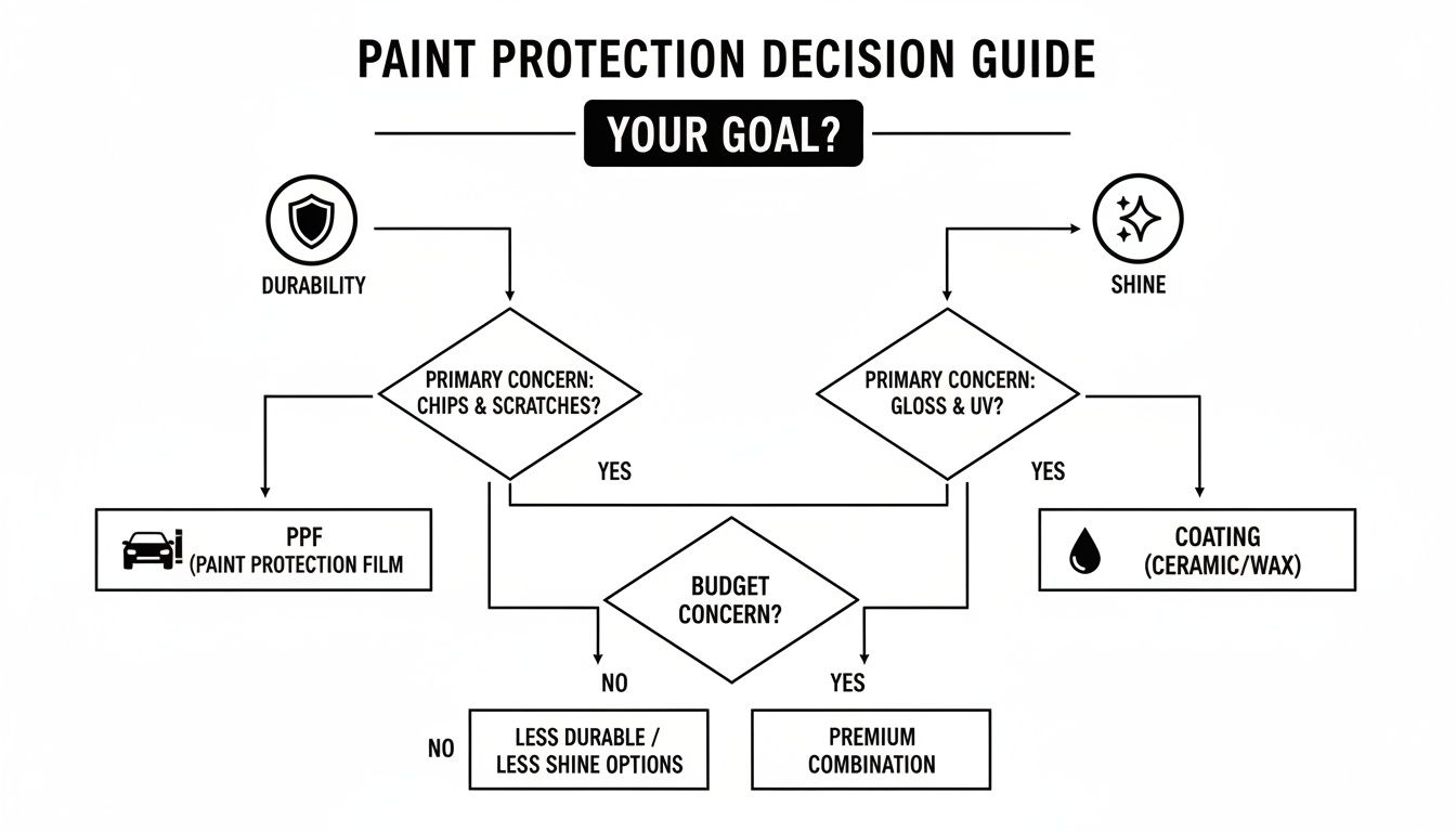 A flowchart guiding paint protection decisions based on goals like durability, shine, chips, gloss, and budget.