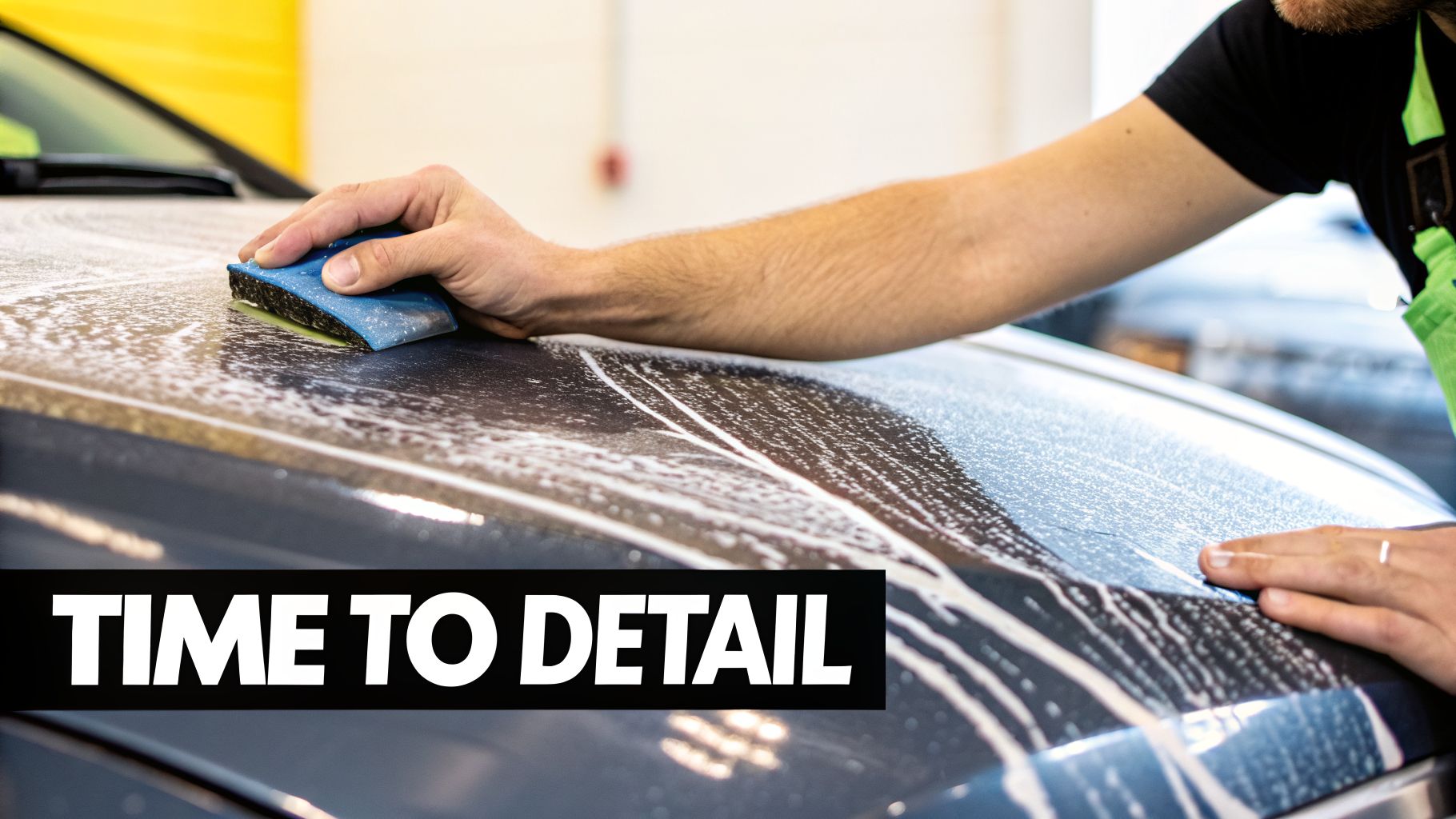 A person's hands are scrubbing a car hood with a blue sponge, applying cleaning foam during car detailing.