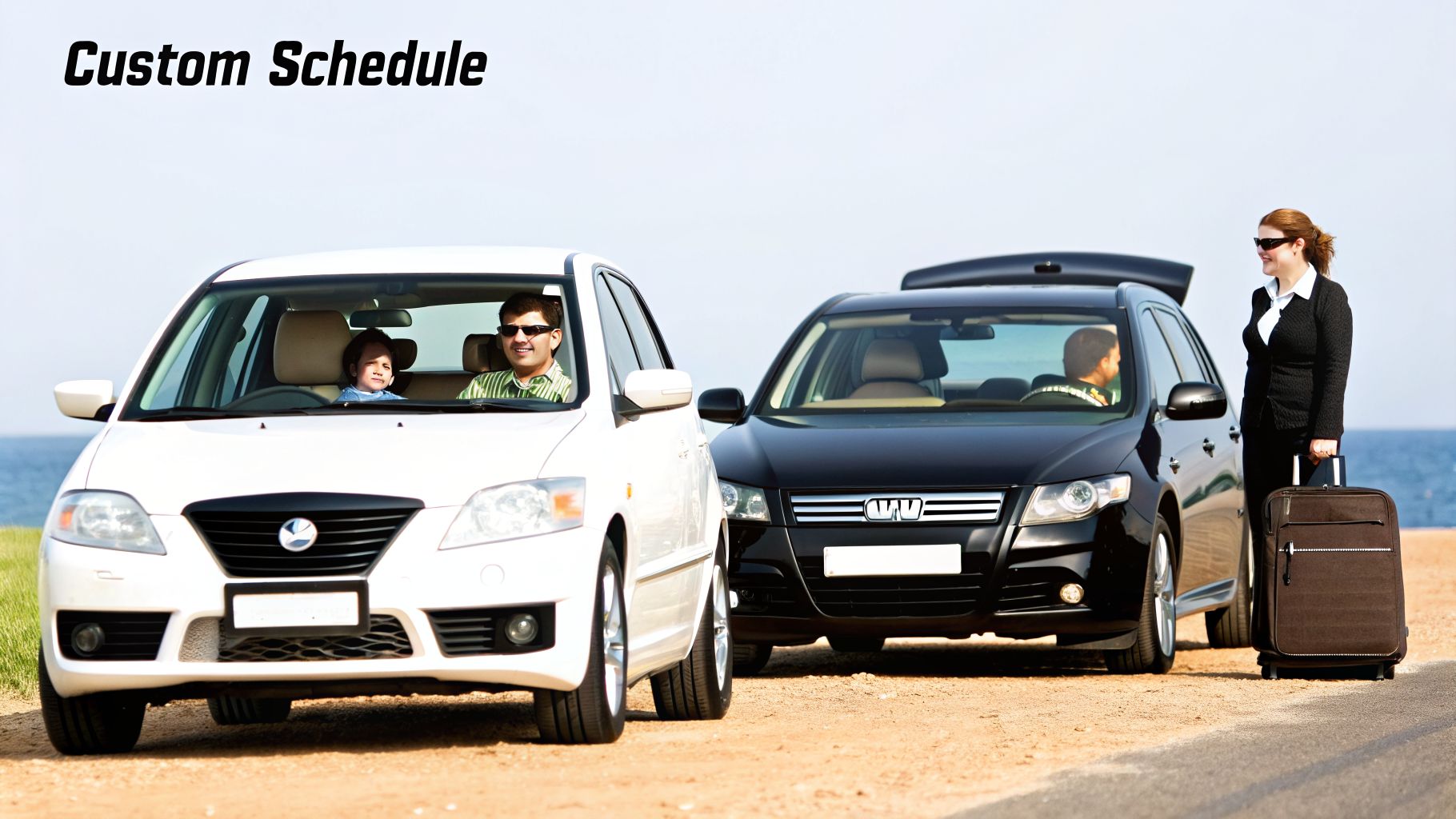 Two cars, one white with a man and child, one black with a woman and luggage, by the ocean.