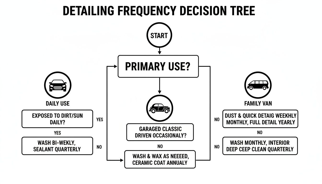 Decision tree flowchart for car detailing frequency based on vehicle primary use, classic, daily, or family van.