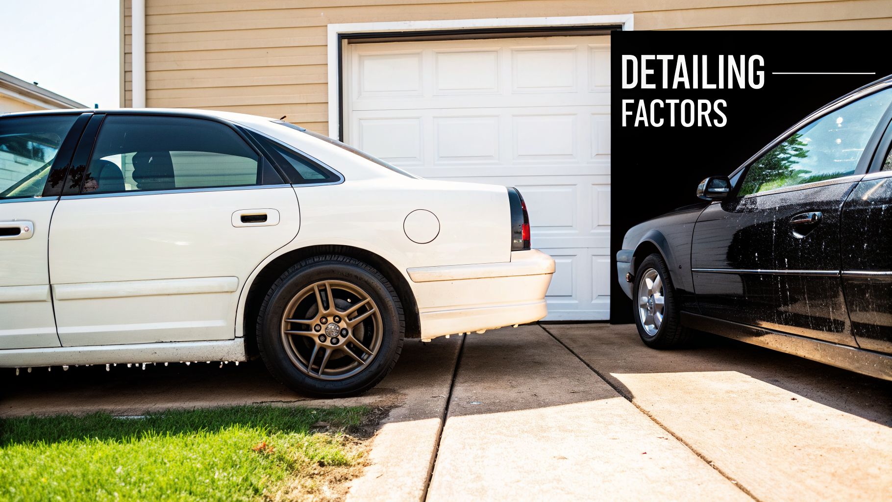 Two dirty cars, a white sedan and a splattered black car, parked on a driveway in front of a garage.