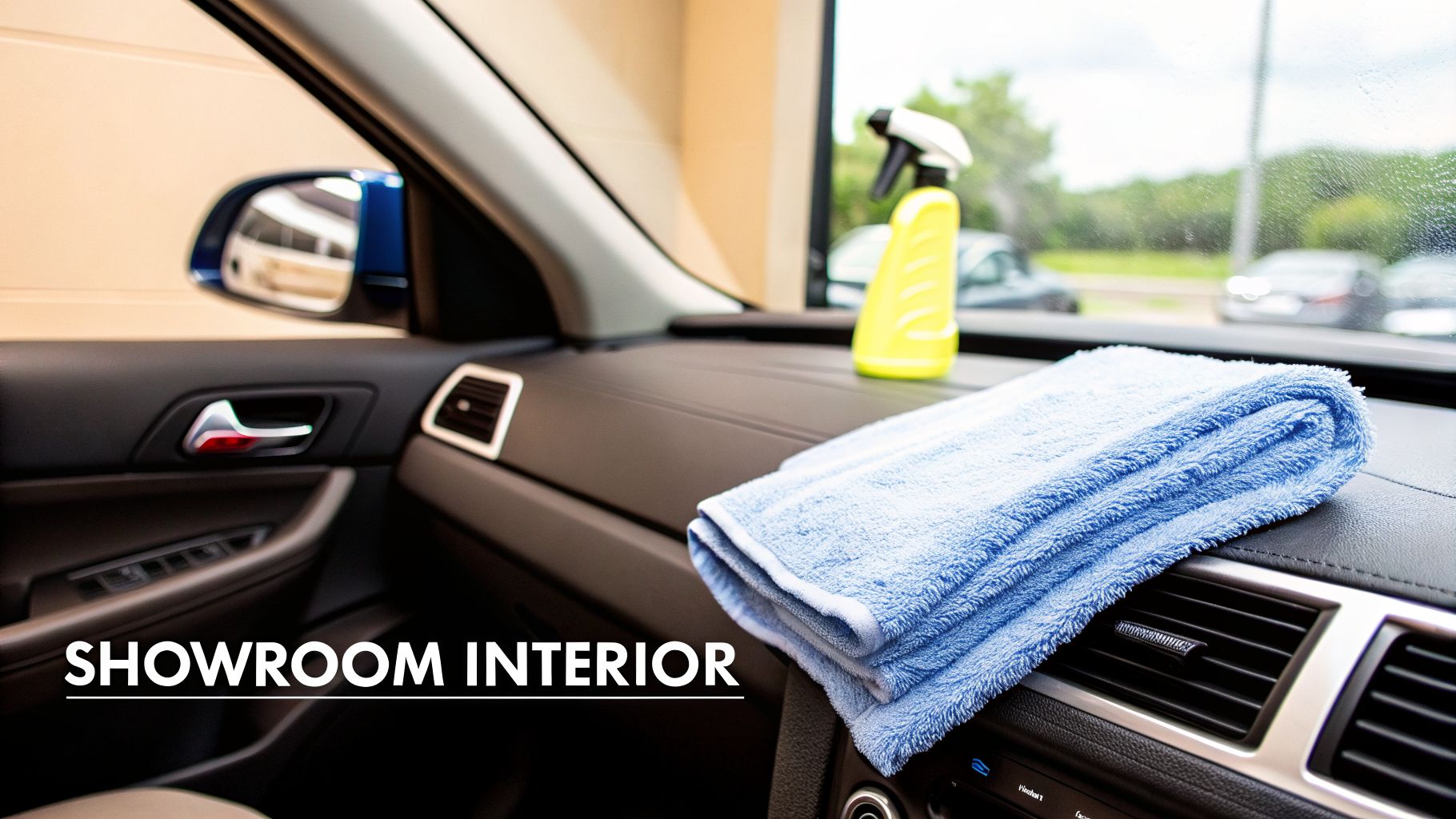 Clean car interior with a blue microfiber towel and spray bottle on the dashboard, ready for detailing.