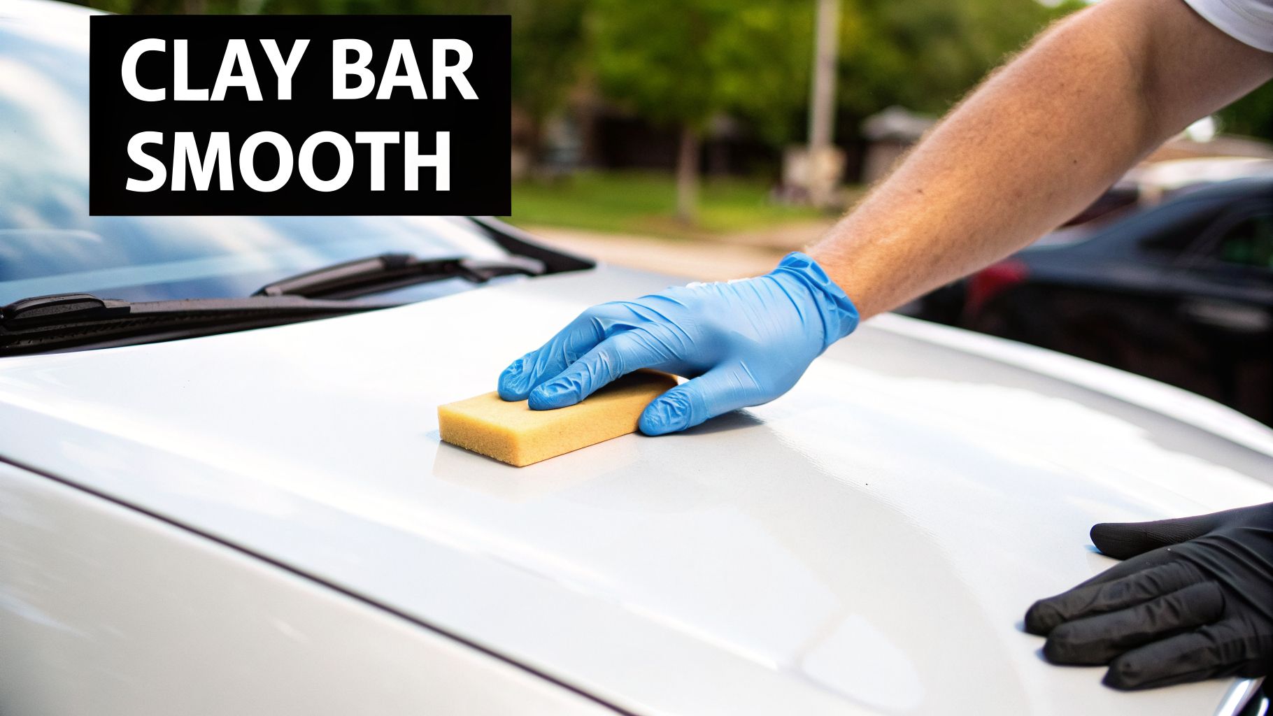 A gloved hand uses a yellow clay bar sponge to smooth the surface of a white car hood.