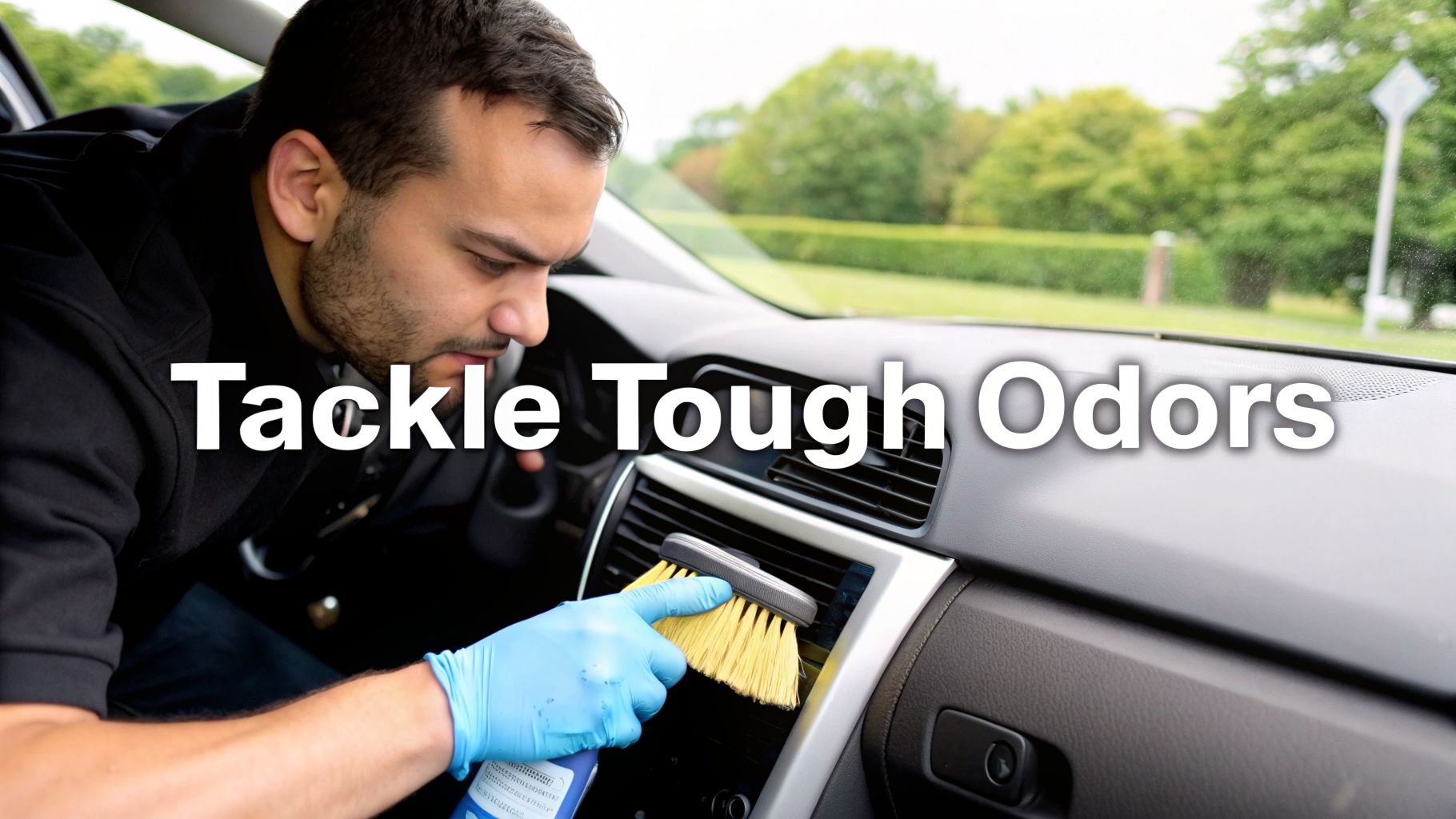 A man in blue gloves cleans a car's air vent with a brush, tackling tough odors.