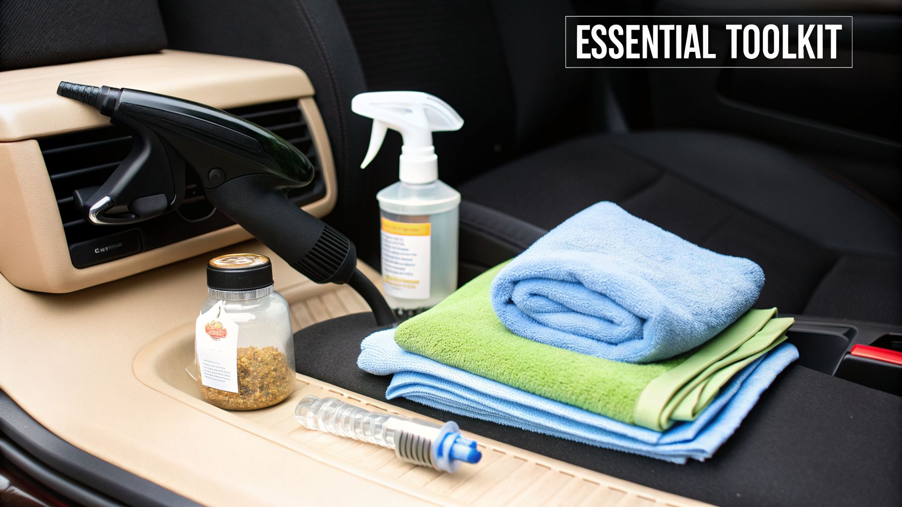 An essential toolkit for car cleaning, featuring a cleaning gun, spray, microfiber towels, and air freshener inside a car.