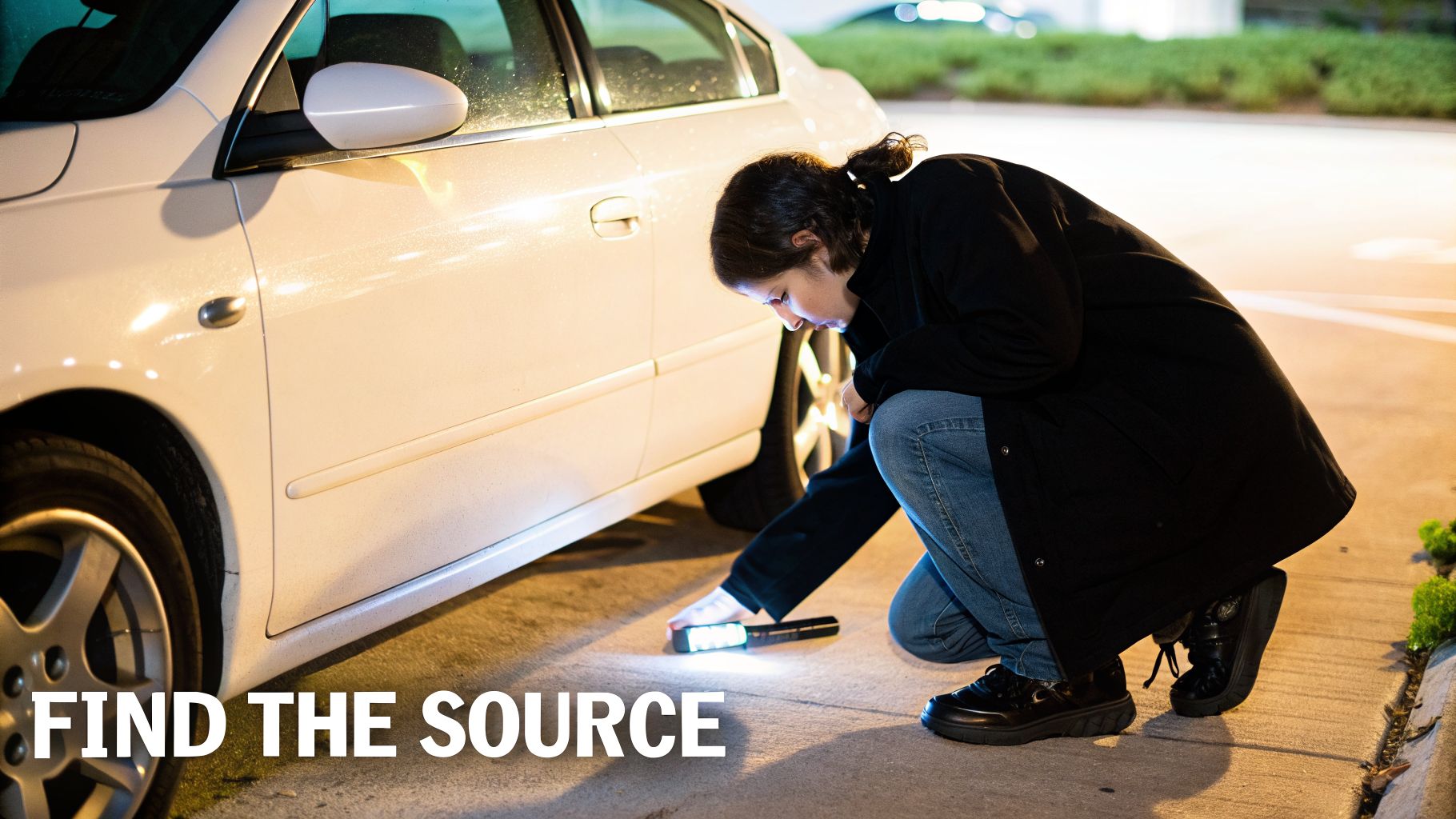 Person kneeling beside a white car at night, using a flashlight to inspect the ground.