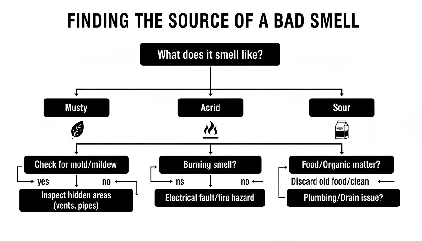 Flowchart for identifying the source of a bad smell based on musty, acrid, or sour odors.