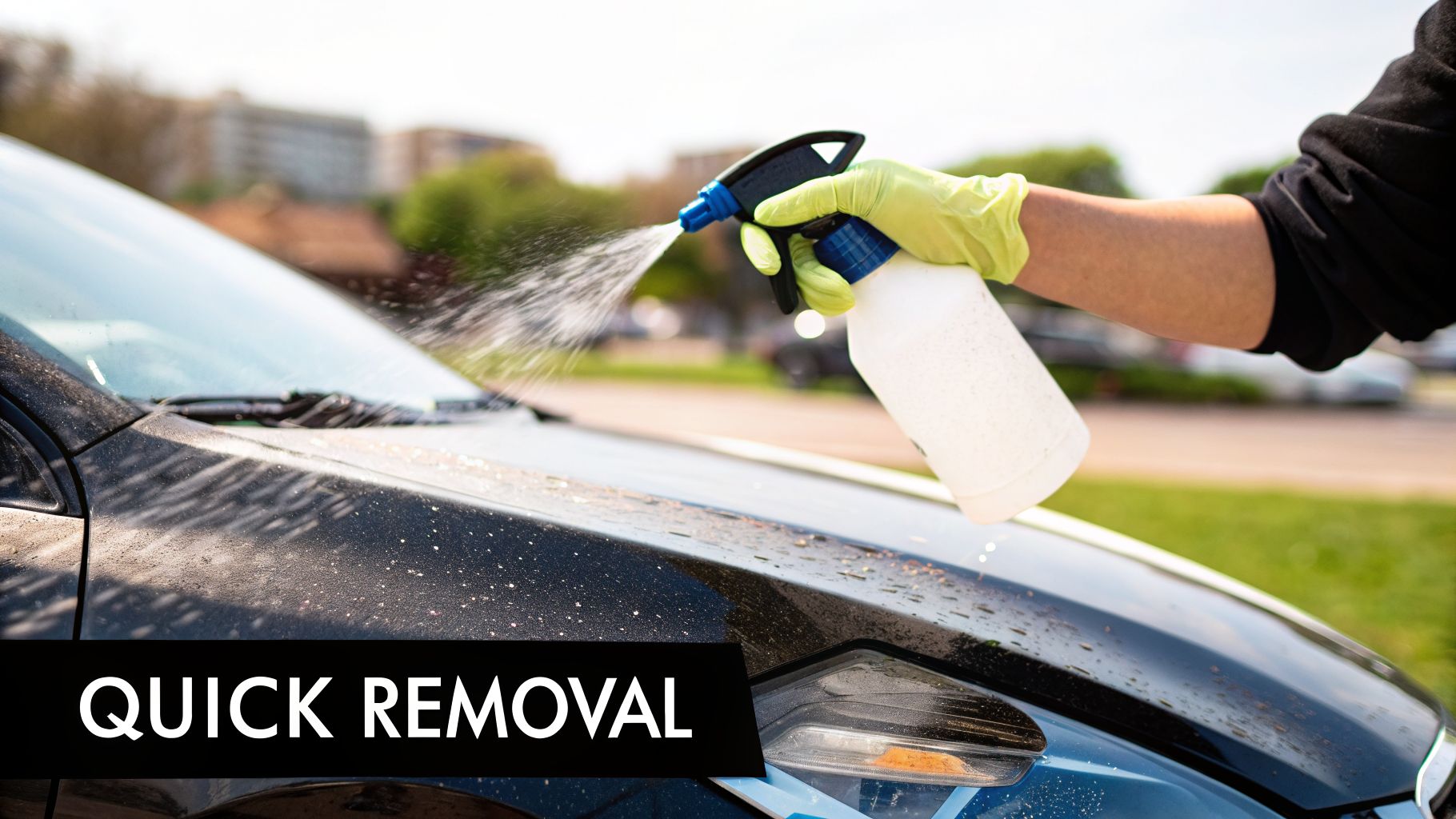 A gloved hand sprays a cleaning solution onto the dusty black hood of a car, showing quick removal.