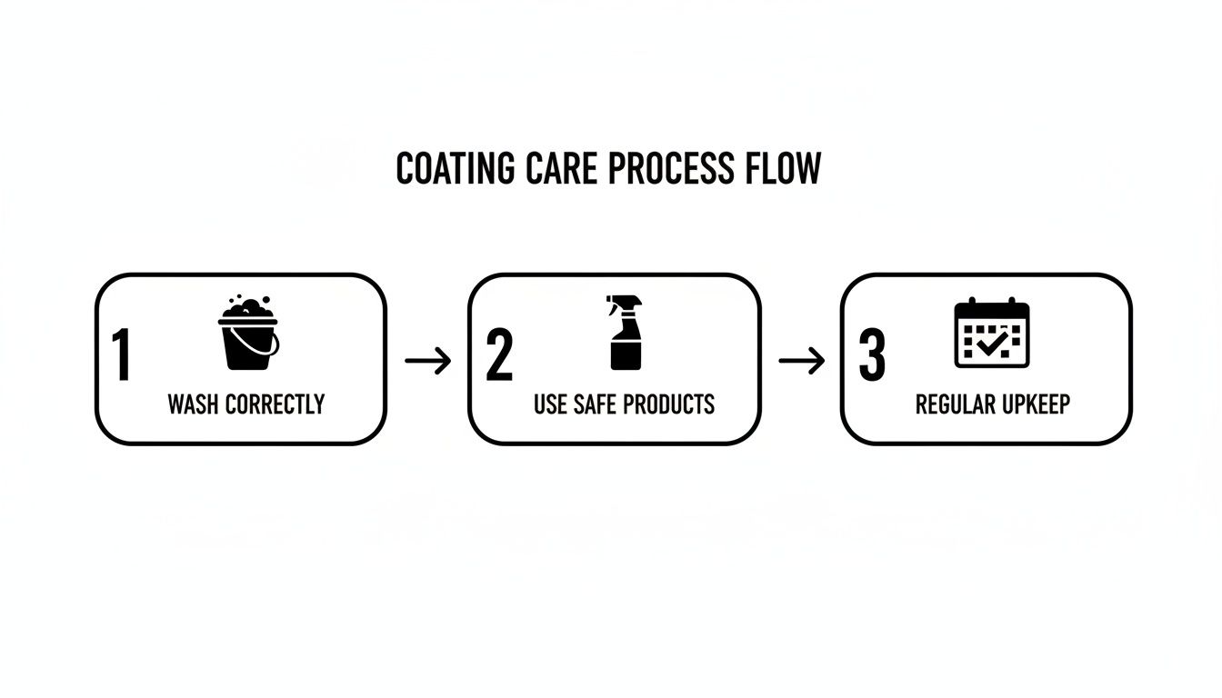 Flowchart outlining three essential steps for coating care: wash correctly, use safe products, and regular upkeep.