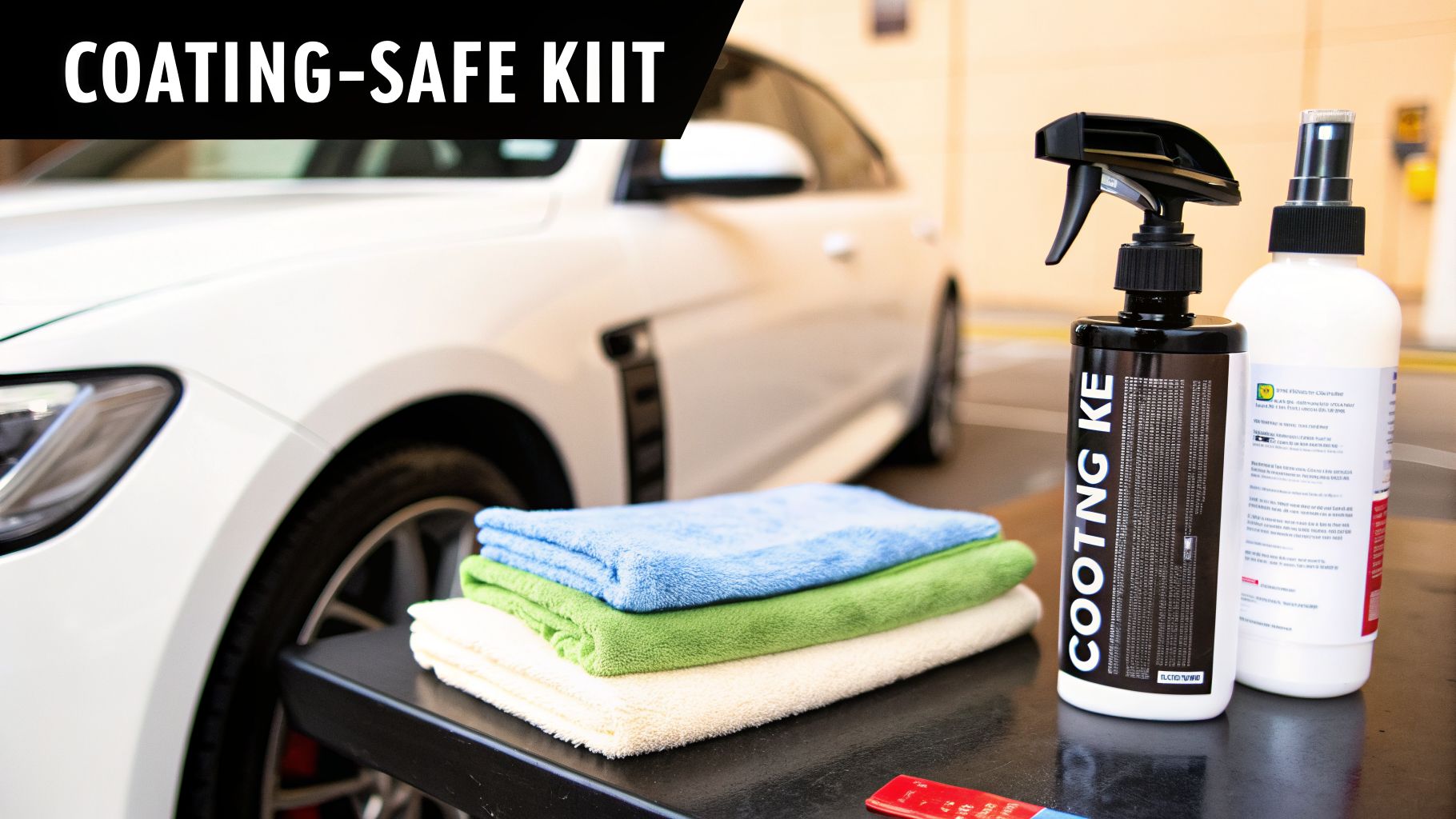 Car detailing products, including a spray bottle, liquid bottle, and microfiber towels, in front of a white car.