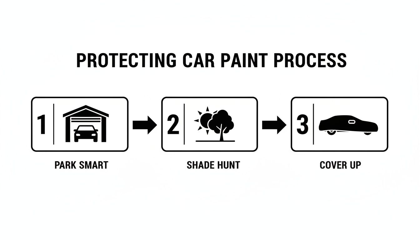 A three-step infographic showing how to protect car paint from sun damage: park smart, shade hunt, and cover up.