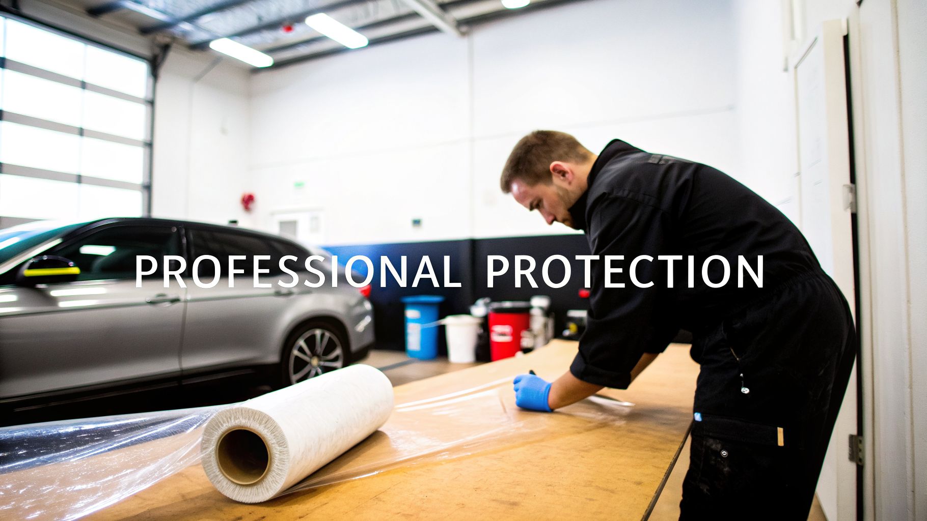A professional technician wearing blue gloves applies clear protective film on a workbench in a car workshop.