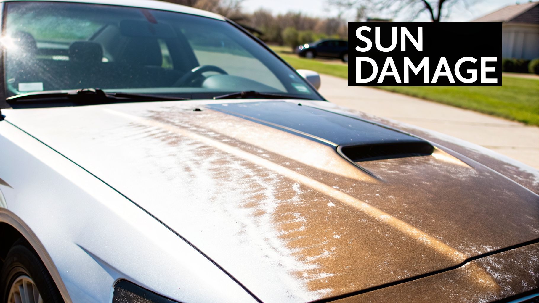 Close-up of a car's hood with severe sun damage, featuring faded and peeling paint.