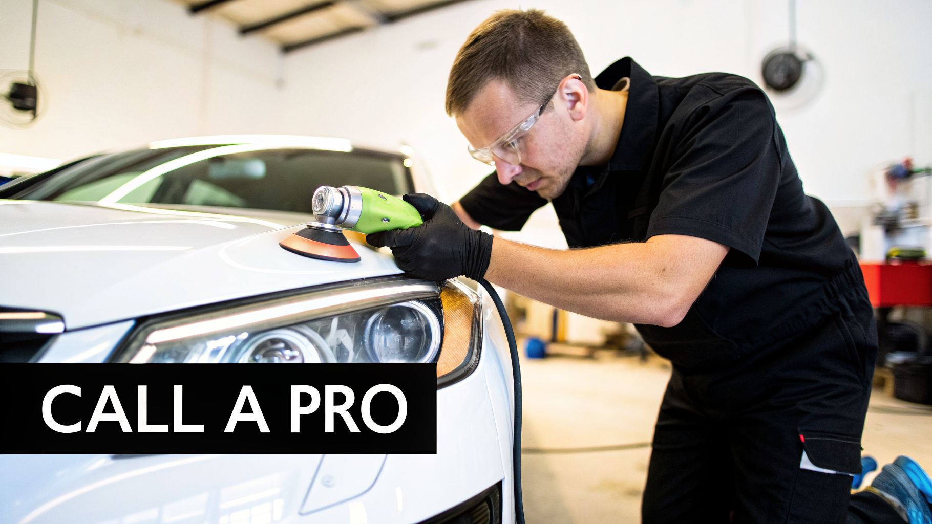 A professional technician wearing safety glasses and gloves uses a polisher on a white car's headlight.