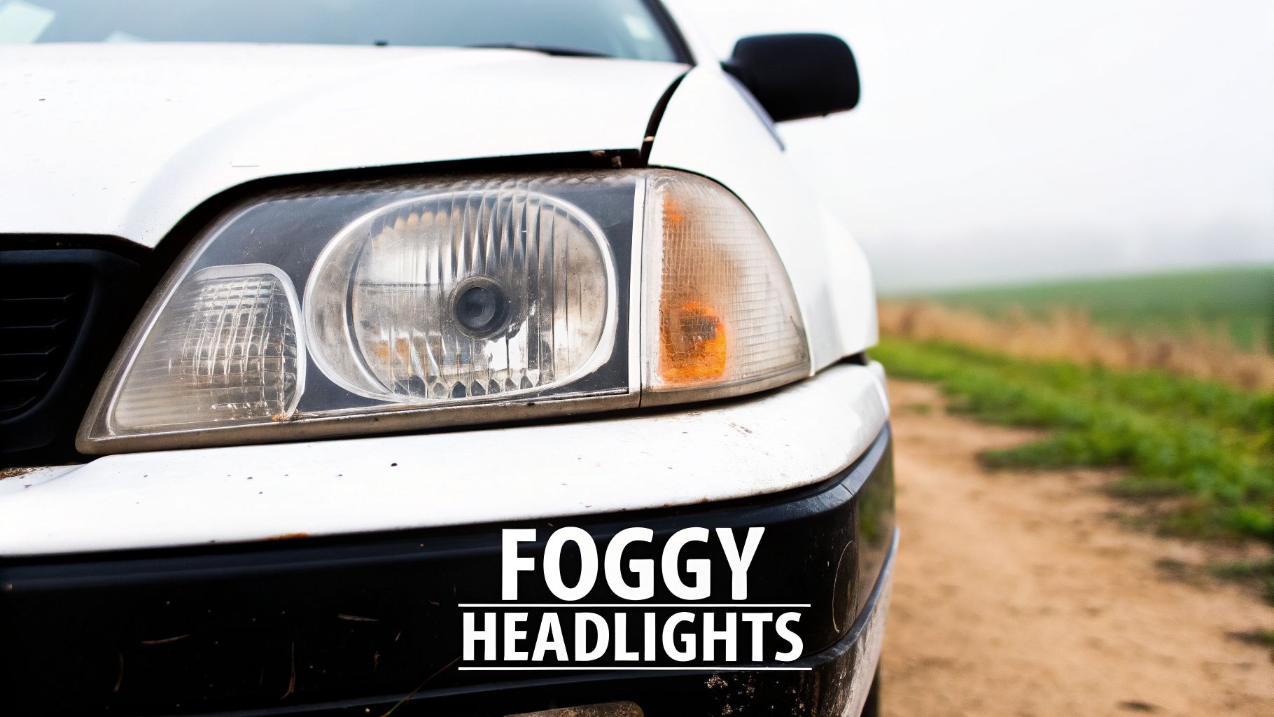 Close-up of a white car with foggy, oxidized headlights parked on a dirt road.