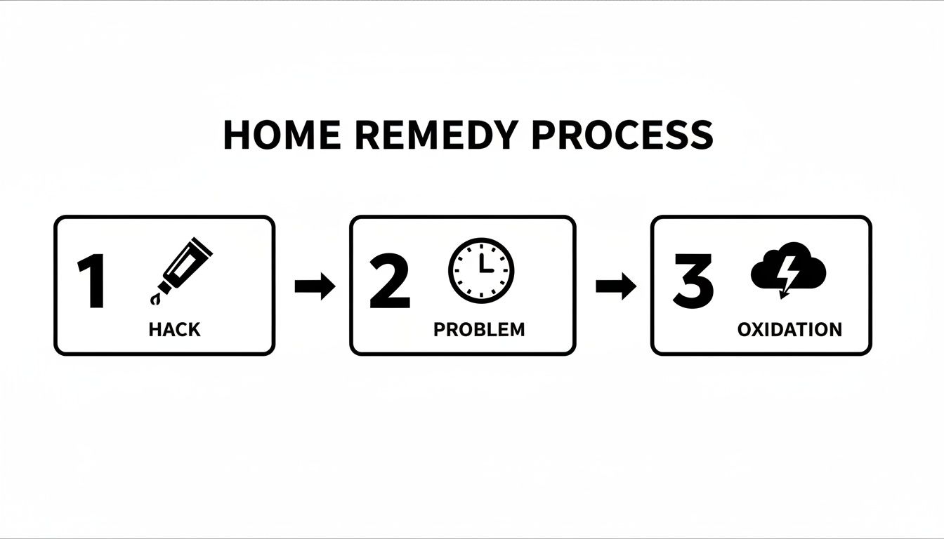 A three-step diagram outlining a home remedy process, showing hack, problem, and oxidation stages.
