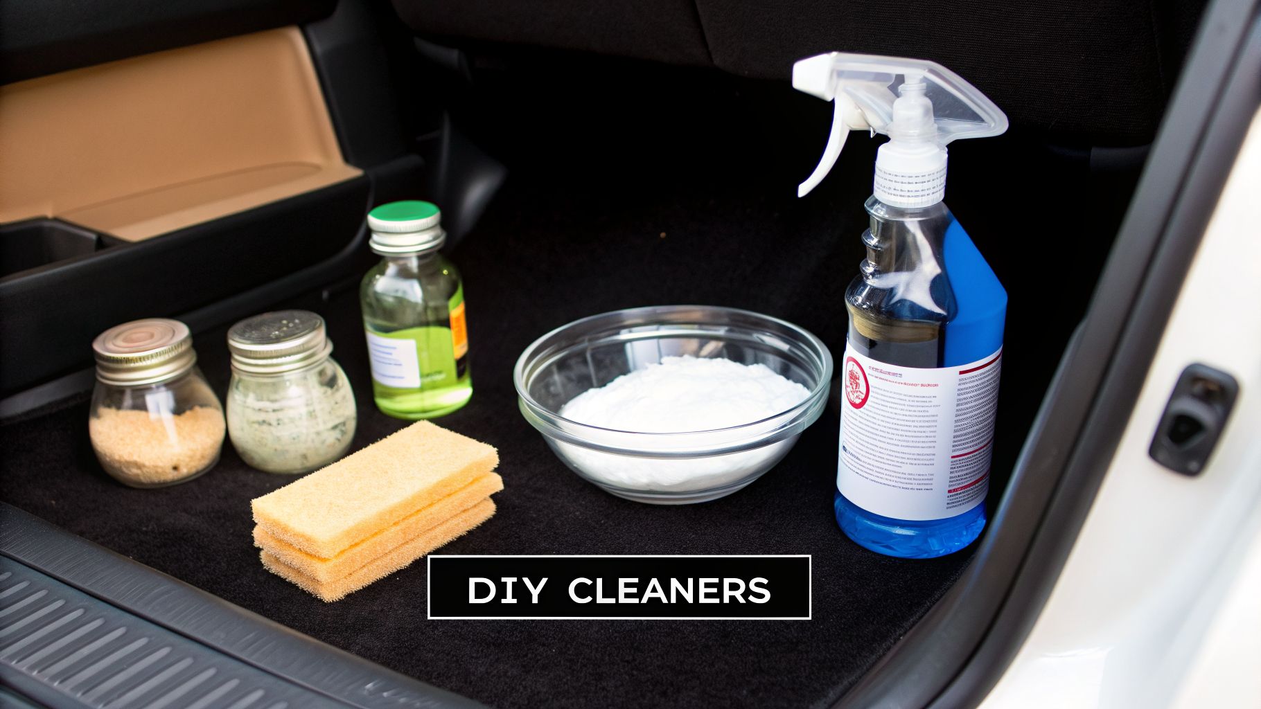 Various DIY car interior cleaning supplies including baking soda, homemade solutions, and sponges, ready for use.