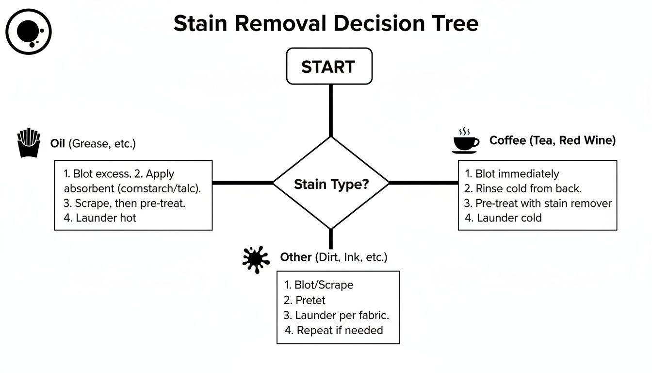 A stain removal decision tree flowchart showing steps for different stain types like oil, coffee, and others.