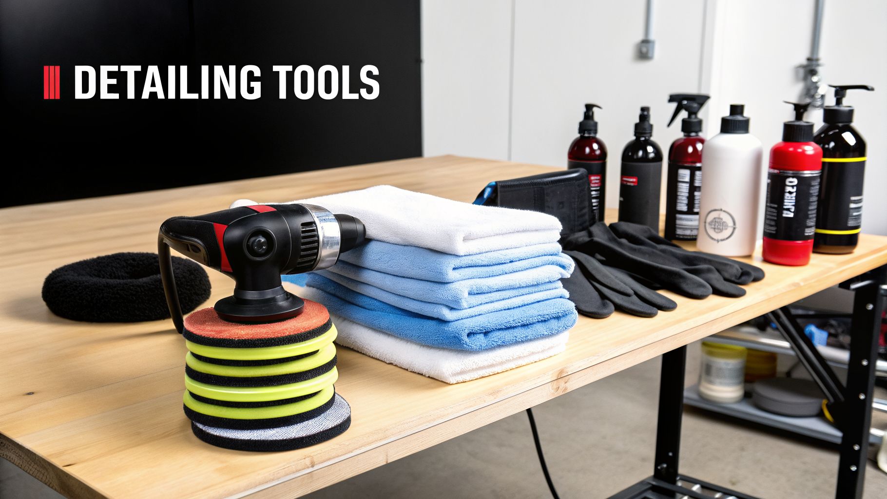A variety of car detailing tools including a polisher, microfiber towels, gloves, and cleaning solutions on a wooden table.