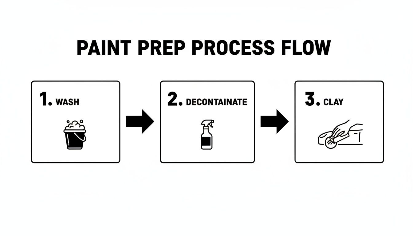 Visual guide outlining the paint prep process, including washing, decontaminating, and claying a car's surface.