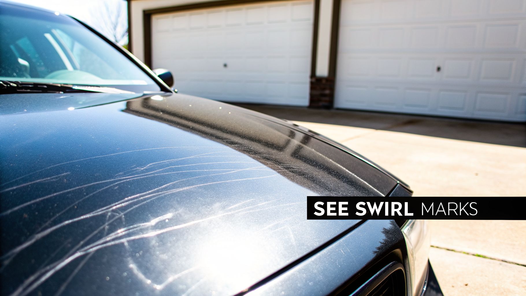 Close-up of a dark car's hood showing visible swirl marks and scratches under sunlight.