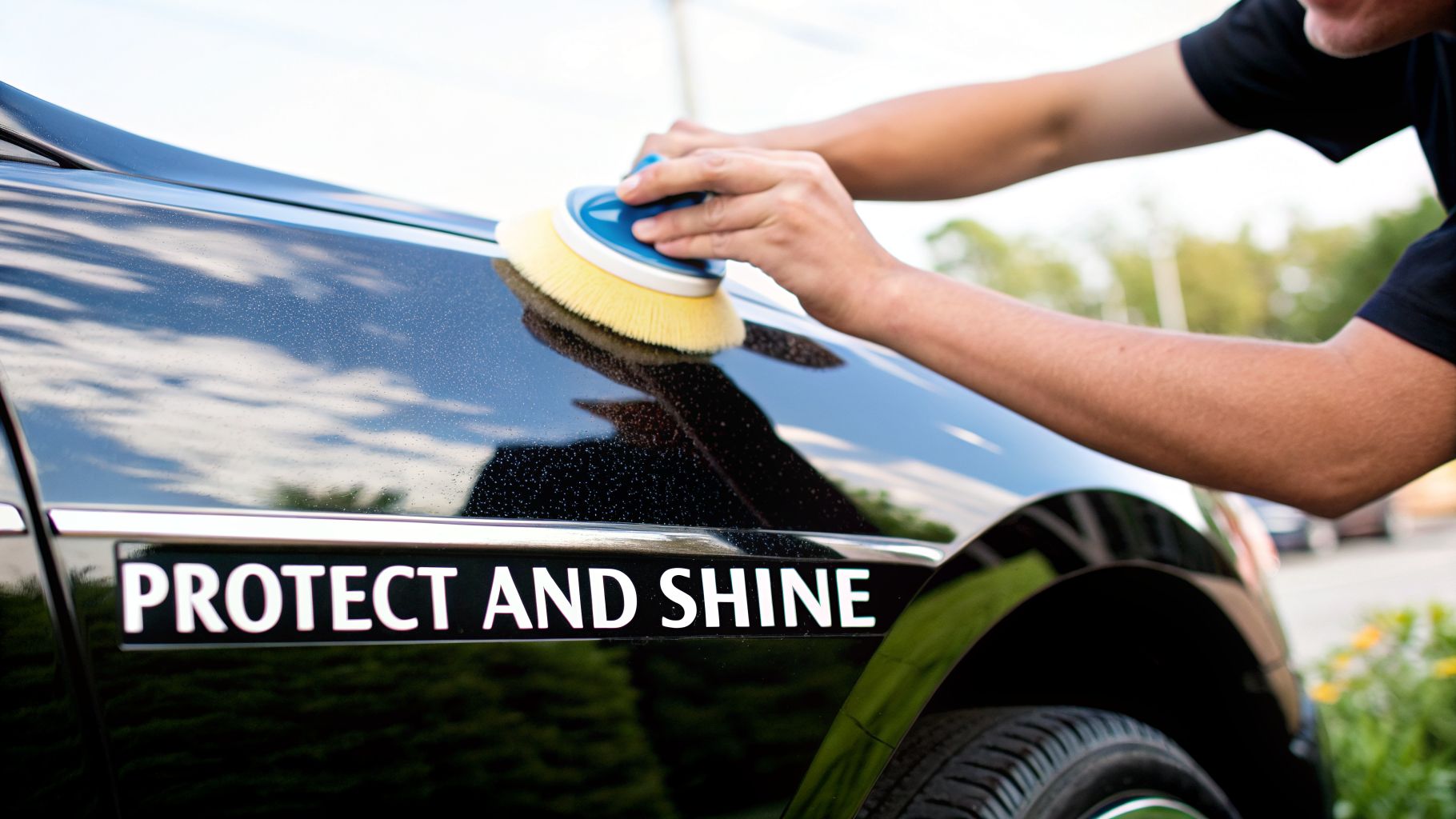 Close-up of hands using a yellow brush to clean a black car with 'Protect and Shine' label.
