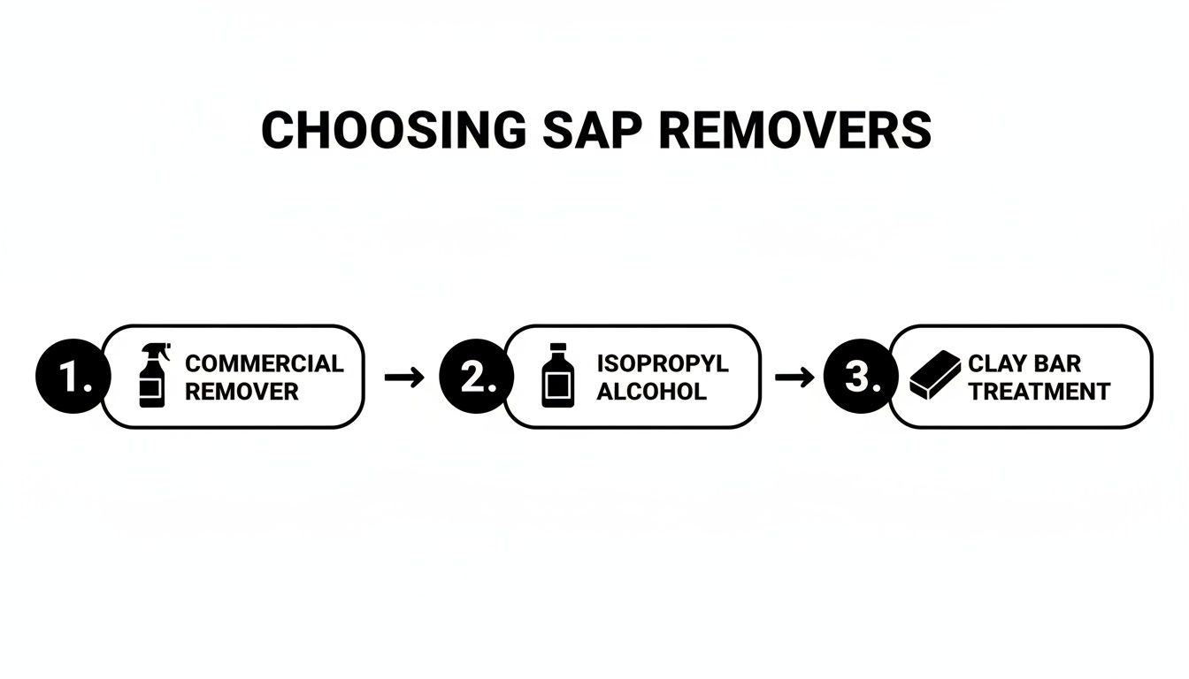 A three-step guide on choosing sap removers: commercial remover, isopropyl alcohol, and clay bar treatment.
