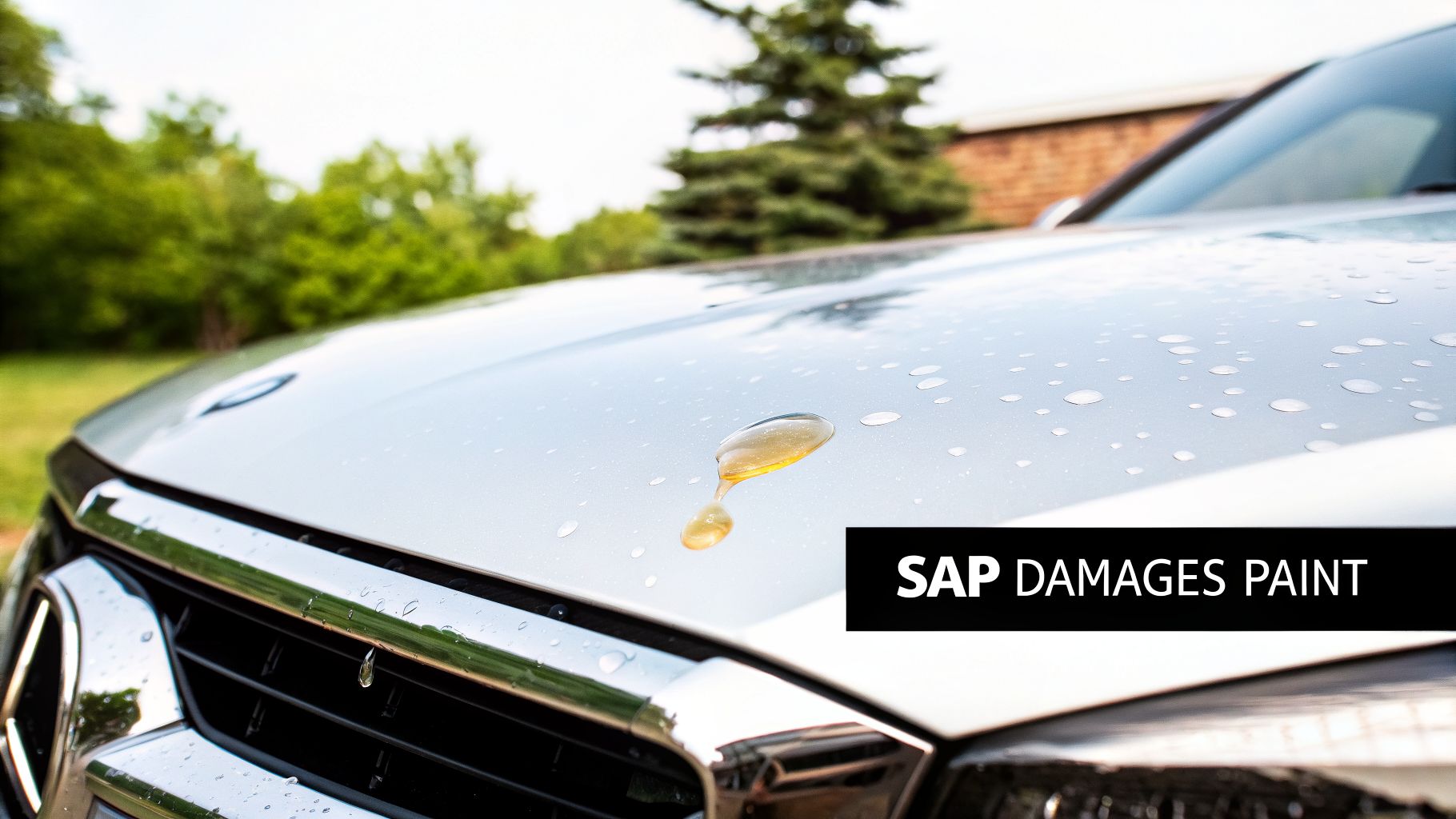 Golden tree sap and water droplets on a silver car's hood, with a warning about paint damage.
