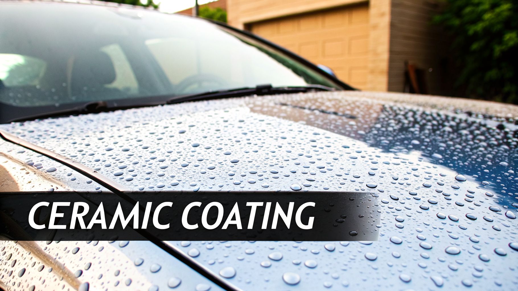 Close-up of a blue car's hood covered in many water beads, highlighting a ceramic coating.