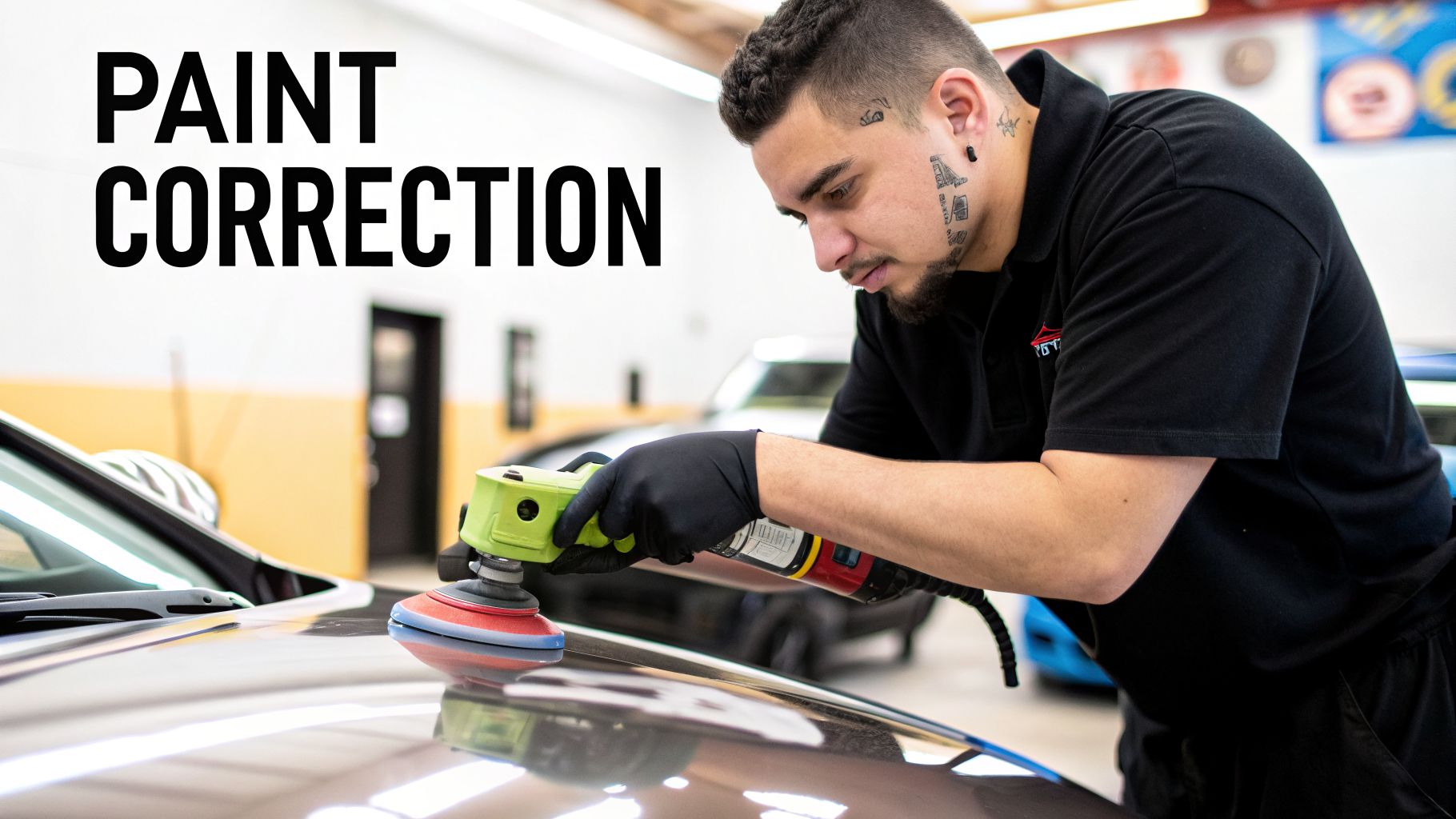 A professional car detailer polishes a car hood with a green machine, performing paint correction.