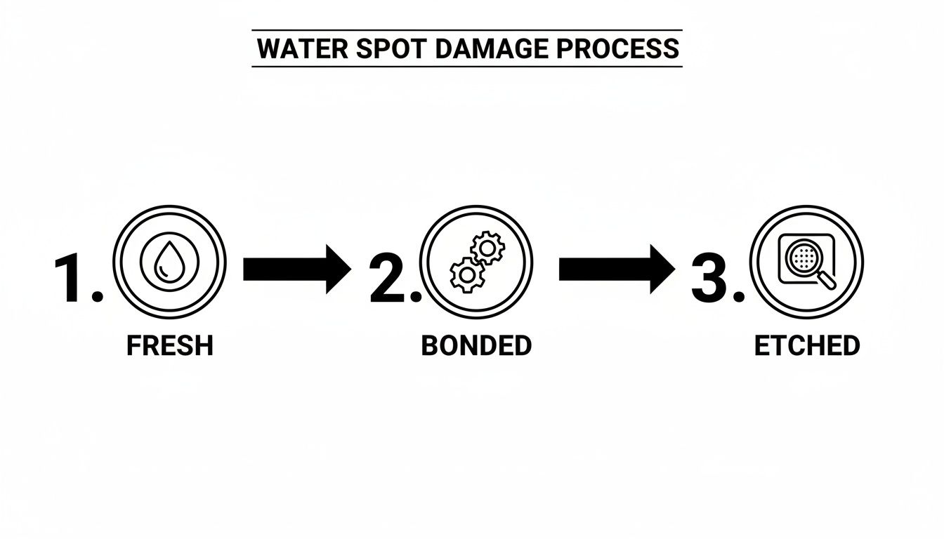 A diagram illustrating the three-step water spot damage process: fresh, bonded, and etched.