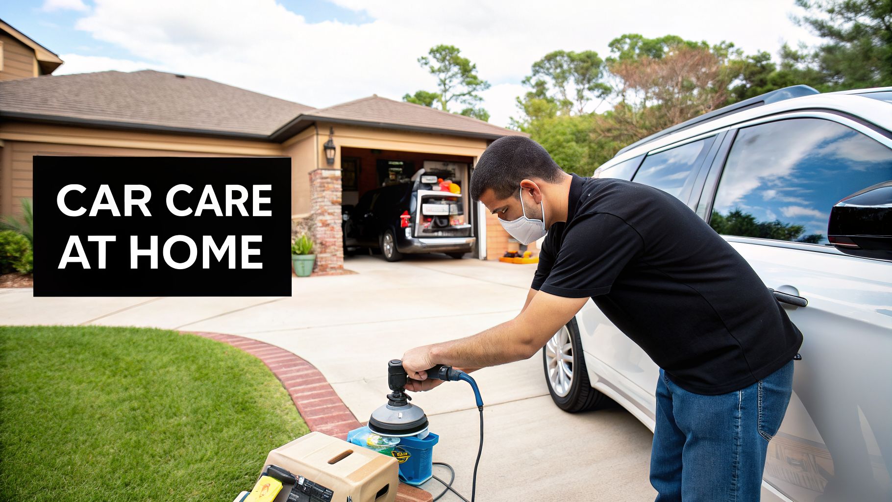 A man wearing a face mask details a white SUV in his driveway, with a 'CAR CARE AT HOME' sign. mobile car detailing near me